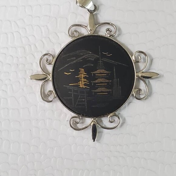 Vintage Damascene Asian Design Amita Sterling Silver Pendant - Picture 4 of 9